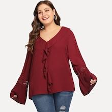 Shein Plus Lace Insert Pleated Bell Sleeve Ruffle Top