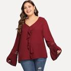 Shein Plus Lace Insert Pleated Bell Sleeve Ruffle Top