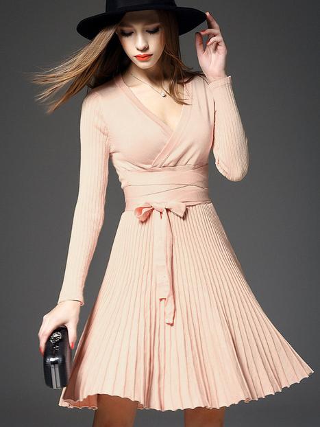 Shein Pink V Neck Long Sleeve Tie-waist Knit Dress