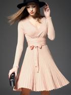 Shein Pink V Neck Long Sleeve Tie-waist Knit Dress