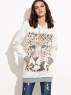 Shein Contrast Trim Animal Print Pocket Hooded Sweatshirt