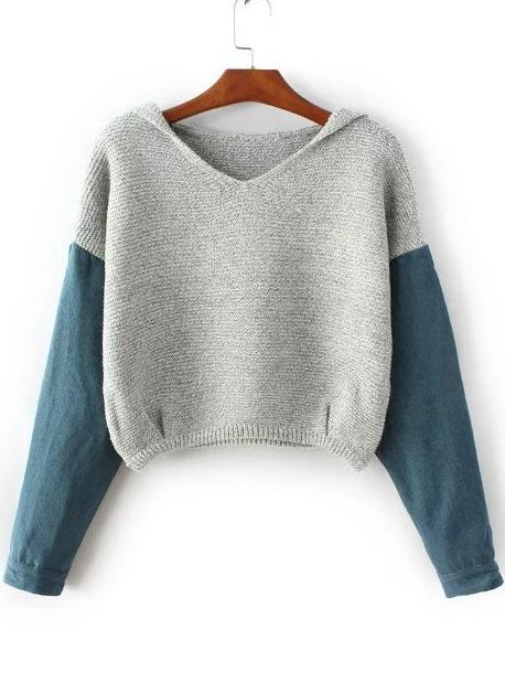 Shein Light Grey Hooded Sweater With Contrast Denim Sleeve