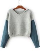 Shein Light Grey Hooded Sweater With Contrast Denim Sleeve