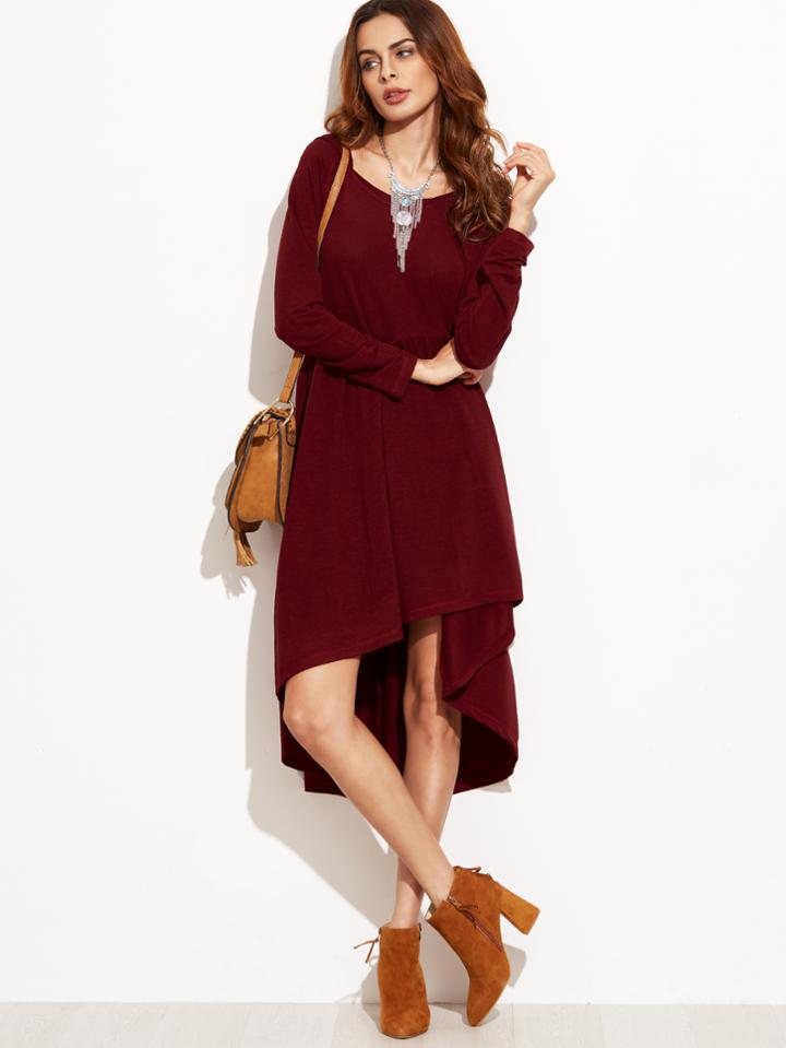 Shein Burgundy Hooded High Low Babydoll Dress