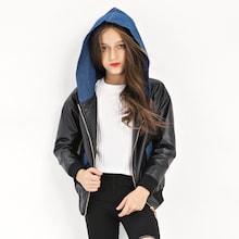Shein Girls Contrast Denim Hooded Pu Jacket