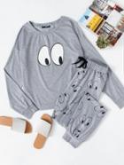 Shein Cartoon Eye Print Top & Sweatpants Pajama Set
