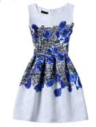 Shein Blue Rose Print Sleeveless A-line Jacquard Dress