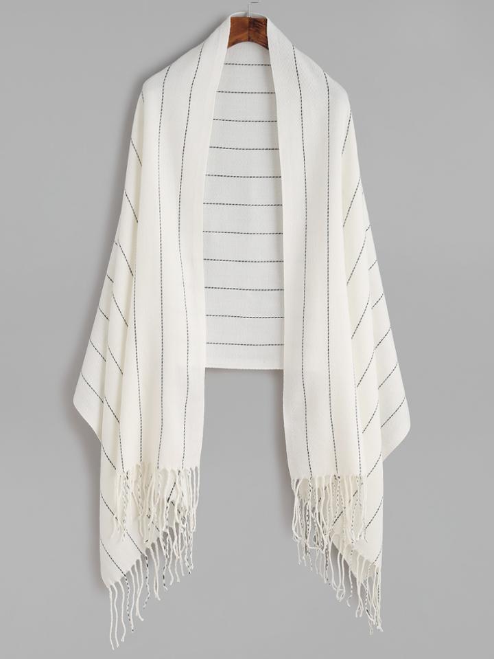 Shein White Stripe Long Fringe Shawl Scarf