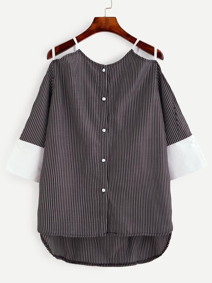Shein Black Vertical Striped Contrast Cuff Cold Shoulder Blouse