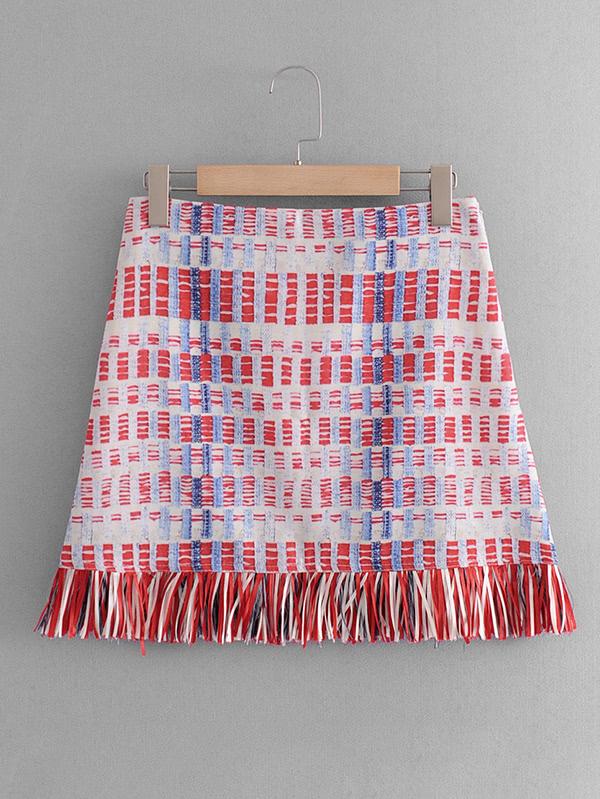 Shein Fringe Hem Plaid Skirt