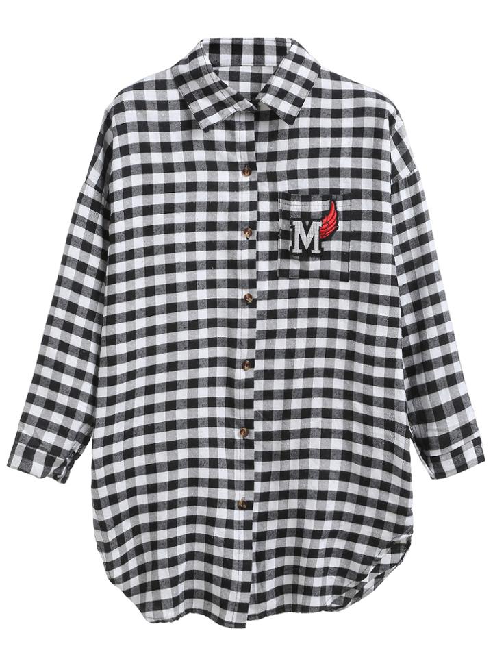 Shein Black White Plaid Letter Patch Pocket Shirt