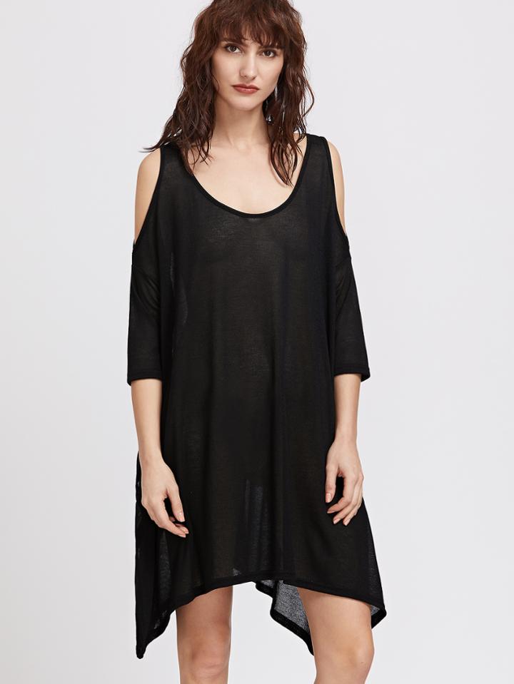 Shein Black Cold Shoulder Split Side Asymmetrical Dress