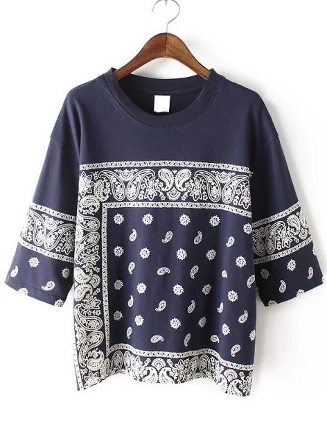 Shein Paisley Print 1/2 Sleeve T-shirt - Navy