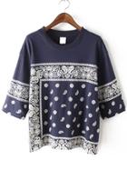 Shein Paisley Print 1/2 Sleeve T-shirt - Navy