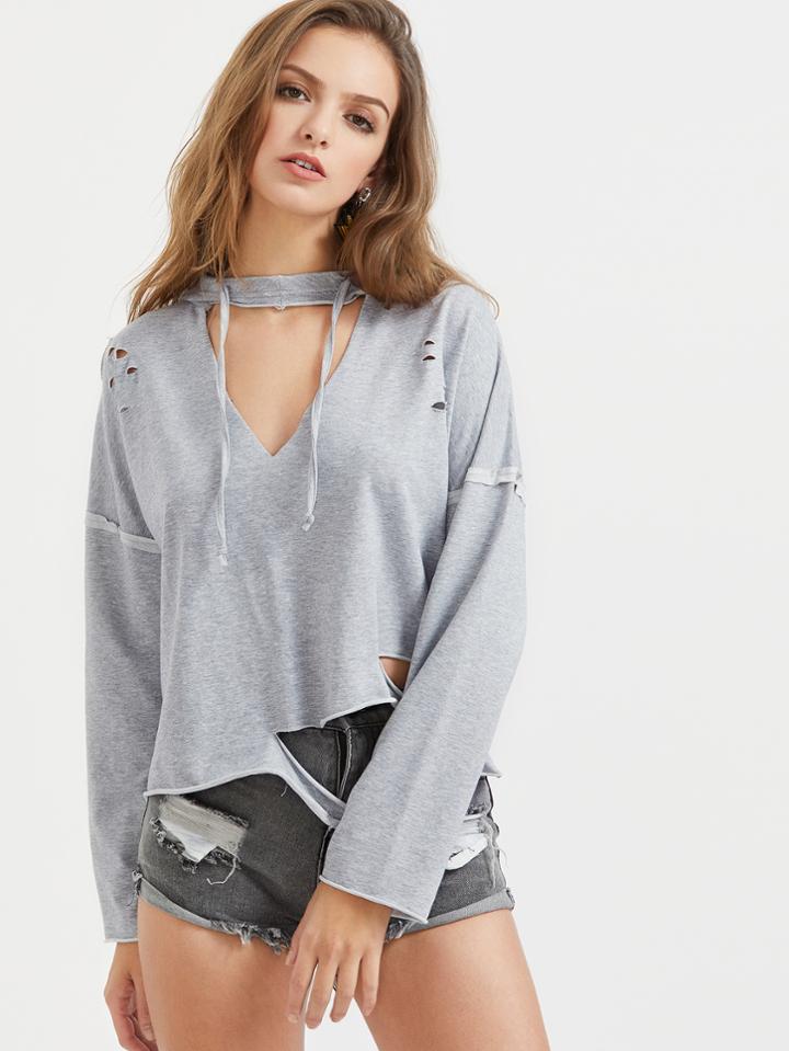 Shein Heather Grey V Cut Distressed Hoodie