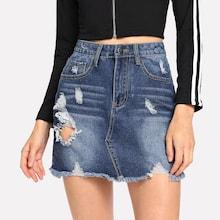Shein Ripped Raw Hem Bleach Dye Denim Skirt