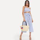 Shein Shirred Striped Top & Belted Culotte Pants Set