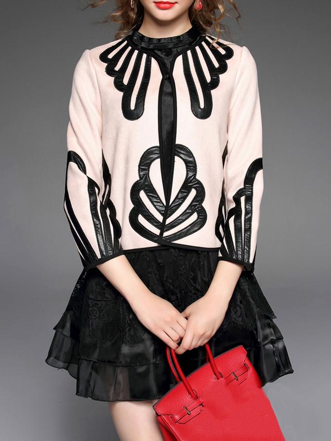 Shein Apricot Crew Neck Contrast Pu Coat