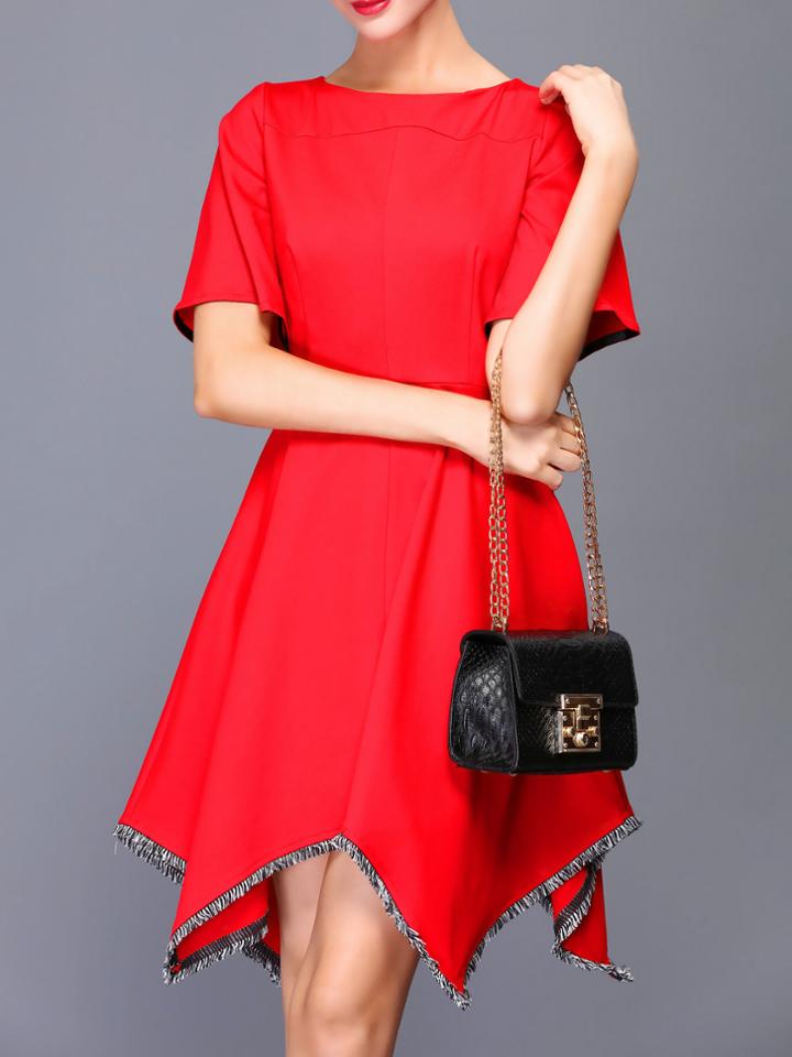 Shein Red Crew Neck Fringe Asymmetric Dress