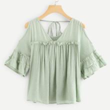 Shein Open Shoulder Tie Back Ruffle Blouse