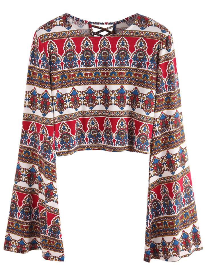 Shein Bell Sleeve Aztec Print Lattice-back Blouse