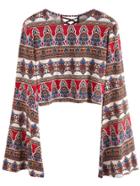 Shein Bell Sleeve Aztec Print Lattice-back Blouse