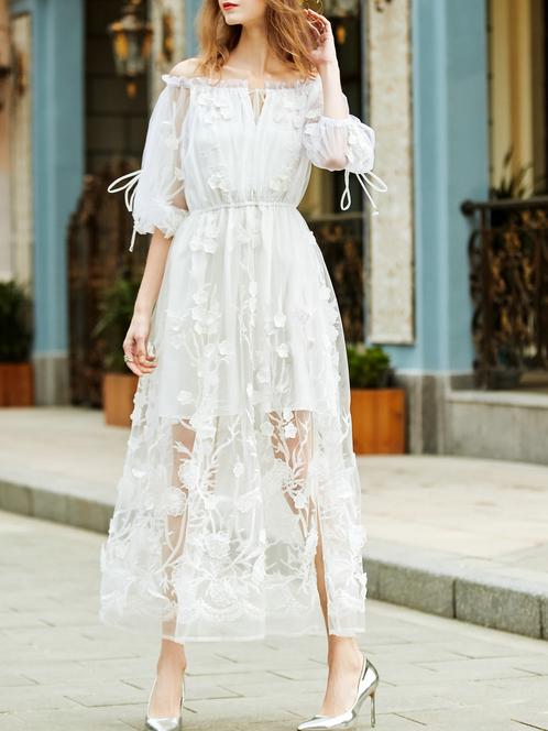Shein White Boat Neck Elastic-waist Sheer Dress
