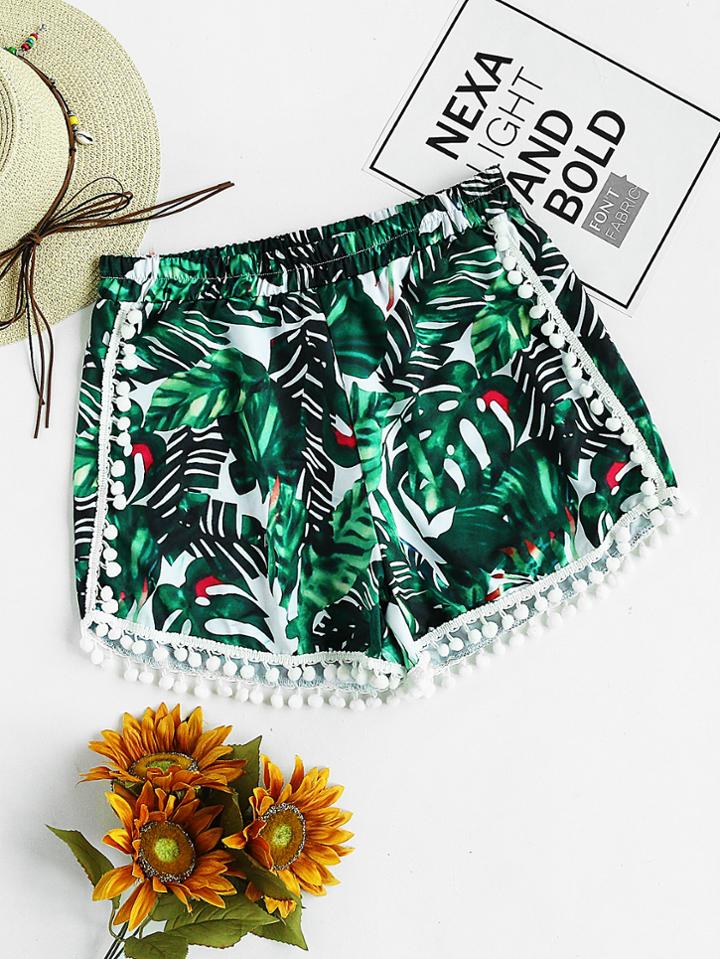 Shein Palm Leaf Print Pom Pom Trim Shorts