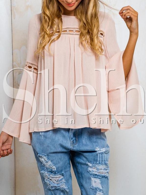 Shein Pink Bell Sleeve Eyelet Blouse
