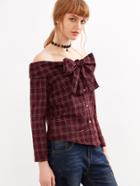 Shein Off The Shoulder Plaid Bow Blouse