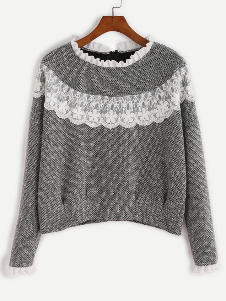 Shein Grey Contrast Lace Ruffle Trim Sweatshirt