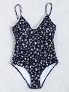 Shein Calico Print Scalloped Trim One Piece Swimsuit