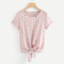 Shein Knot Front Keyhole Back Floral Cuffed Top