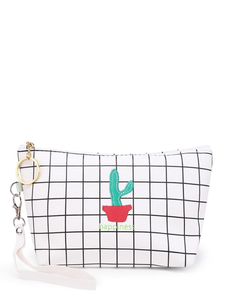 Shein Cactus Embroidery Grid Pouch Bag With Wristlet