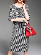 Shein Black White Striped Bell Sleeve Drawstring Dress