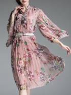 Shein Pink Tie Neck Belted Floral Dress