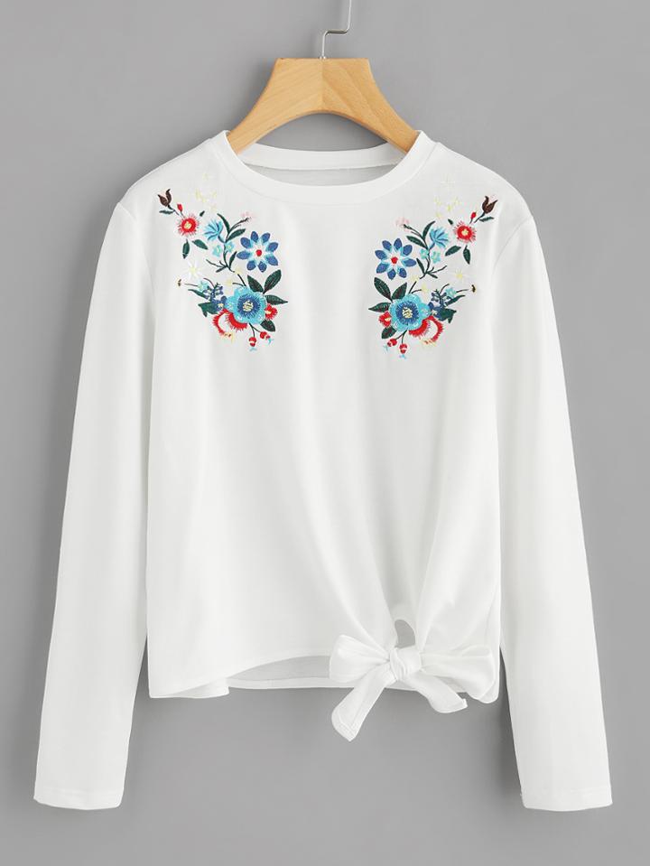 Shein Bow Tie Hem Symmetric Embroidered Tee