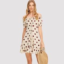 Shein Lace Up Ruffle Hem Polka Dot Bardot Dress
