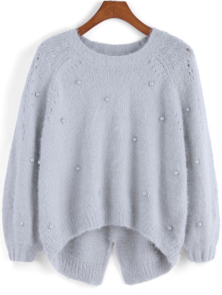 Shein Grey Round Neck Bead Dip Hem Sweater