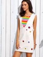 Shein Deep V Neck Eyelet Frayed Tank Dress With Colorful Striped Cami Top