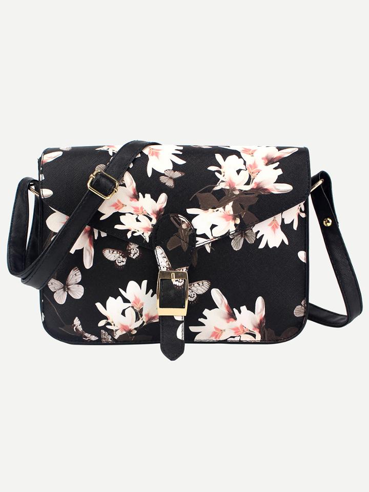 Shein Black Flower Print Buckle Strap Flap Bag