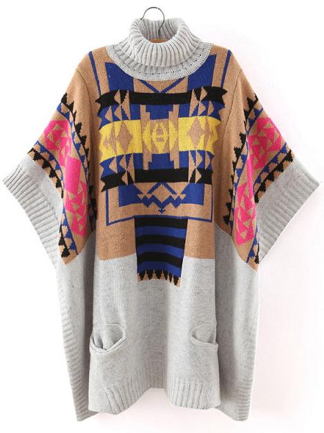 Shein Colour Turtleneck Geometric Print Batwing Sweater