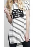 Rosewe Letter Print Side Slit Striped Asymmetric T Shirt