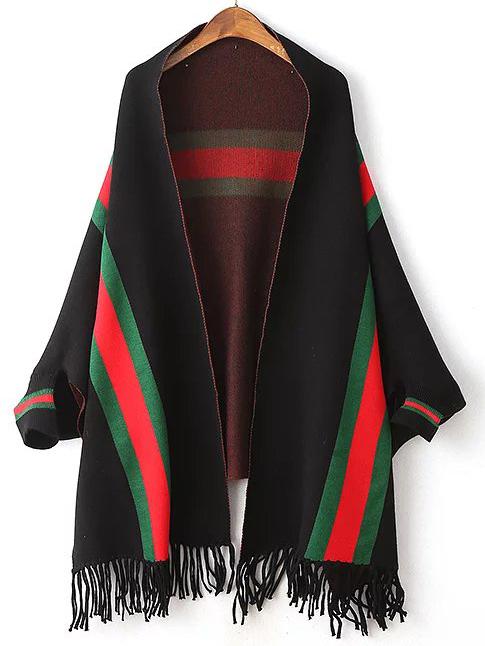 Shein Black Color Block Fringe Hem Poncho Sweater