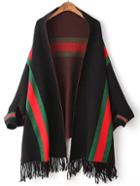 Shein Black Color Block Fringe Hem Poncho Sweater
