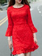 Shein Red Crochet Hollow Out Belted Bell Beading Dress