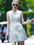 Shein Beige Round Neck Sleeveless Embroidered Dress