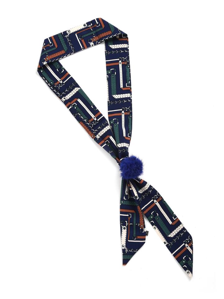 Shein Chain Print Skinny Scarf With Random Color Pom