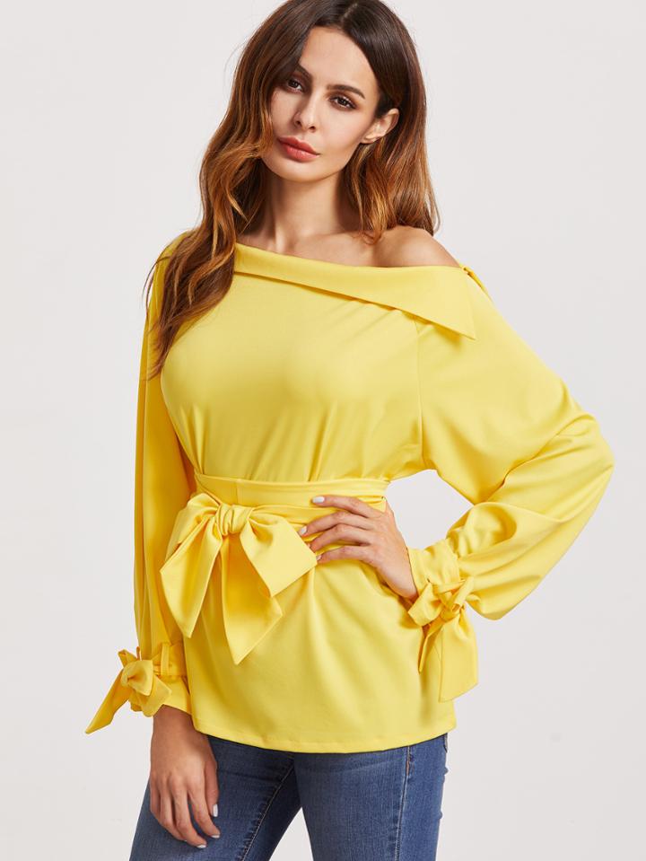 Shein Foldover Boat Neckline Belted Waist And Cuff Blouse