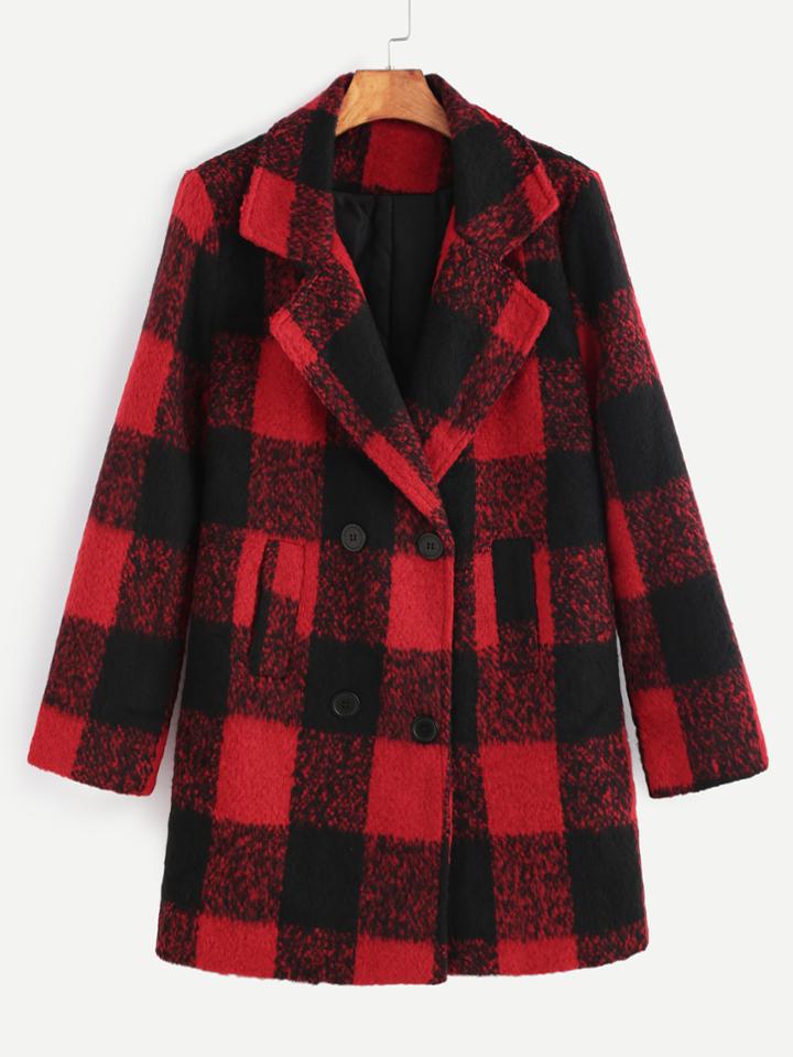 Shein Red And Black Plaid Double Breasted Coat